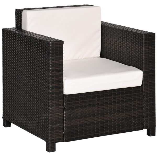 Outsunny Single Seater Rattan Chair, PE Wicker Garden Armchair with 10 cm Thickened Cushion, All-Weather Rattan Garden Chair with Armrests, Brown