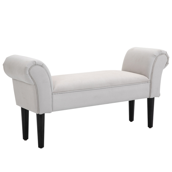 HOMCOM Small Bench, Upholstered Window Seat with Arms and Wooden Legs, Modern Shoe Bench for Entryway, Living Room, Bedroom, Greyish White