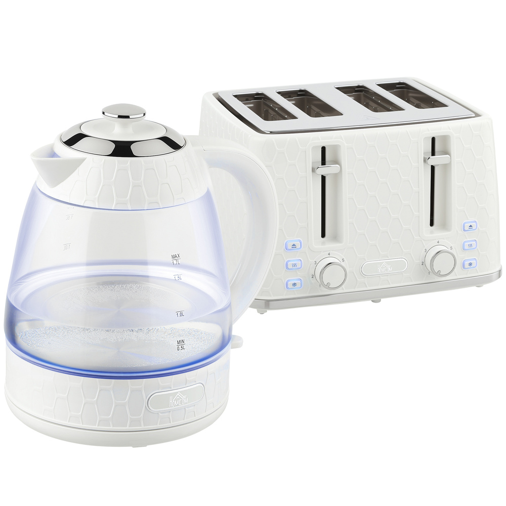HOMCOM Kettle and Toaster Set, 1.7L 3000W Rapid Kettle with Strix Thermostat, 4 Slice Toaster with 7 Browning Controls, Cream