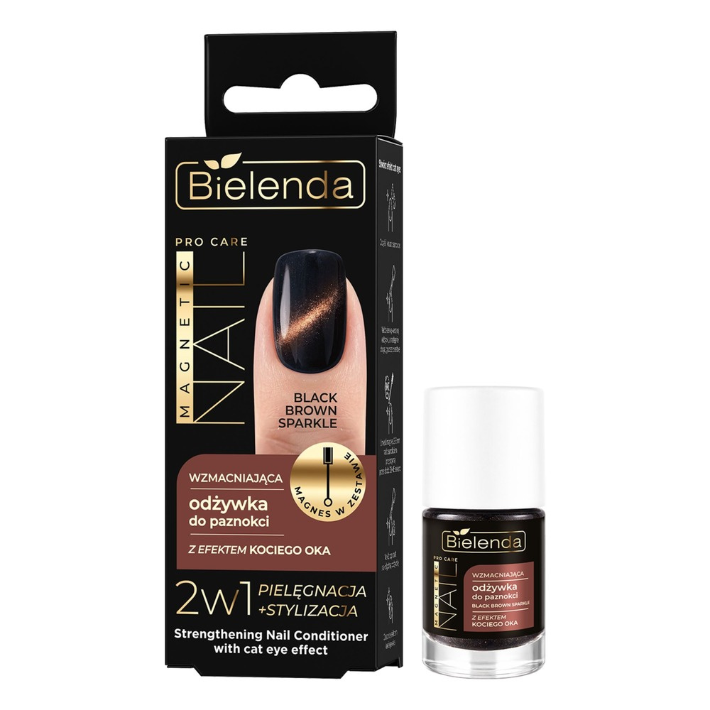 Bielenda PRO CARE MAGNETIC NAIL Strengthening Nail Conditioner with a Cat's Eye Effect - BLACK BROWN SPARKLE, 5ml