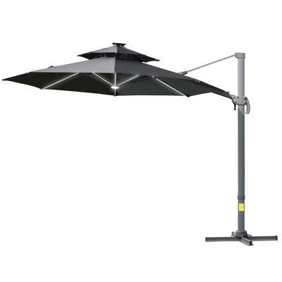 Outsunny 3m Cantilever Parasol w/ Solar Lights Power Bank Base 360° Spin Dark Grey