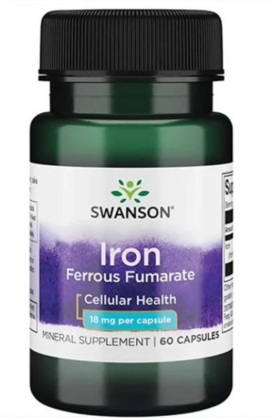 Swanson Iron Ferrous Fumarate 18mg for Energy & Blood Cells 60 Capsules