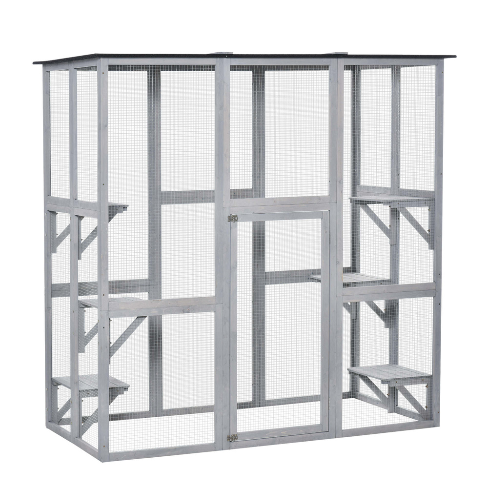 PawHut Wooden Catio Cat Outdoor Enclosure, Cat Cage with Waterproof Roof, Platforms, for Multiple Kittens, 180 x 98 x 180 cm