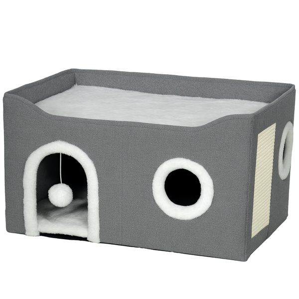 PawHut Cat Bed for Indoor Pets, Foldable Cat House with Fluffy Ball and Scratch Pad for Small and Medium Pets, Grey