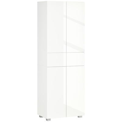 HOMCOM 4-Door Kitchen Cupboard, Tall Freestanding 5-Tier Storage Cabinet with 3 Adjustable Shelves, 2 Drawers for Living Room, Dining Room, Push to Open Design, High Gloss White