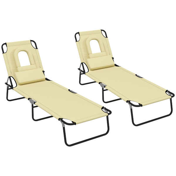 Outsunny Folding Sun Loungers Set of 2 with Face Hole, 4-Position Adjustable Backrest Garden Recliner Chairs Sunbeds, Outdoor Lounge Chairs with 600 D Oxford Cloth Seat, Pillow for Beach, Beige