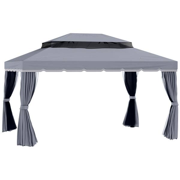 Outsunny 3 x 4m Aluminium Garden Gazebo, Marquee Canopy Shelter Pavilion Party Tent with Nets and Curtains for Garden and Deck, Dark Grey