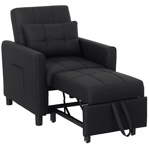 HOMCOM 3-In-1 Linen-Look Single Chair Bed with 11cm Thick Adjustable Back & Eucalyptus Wood Sofa Frame - Black