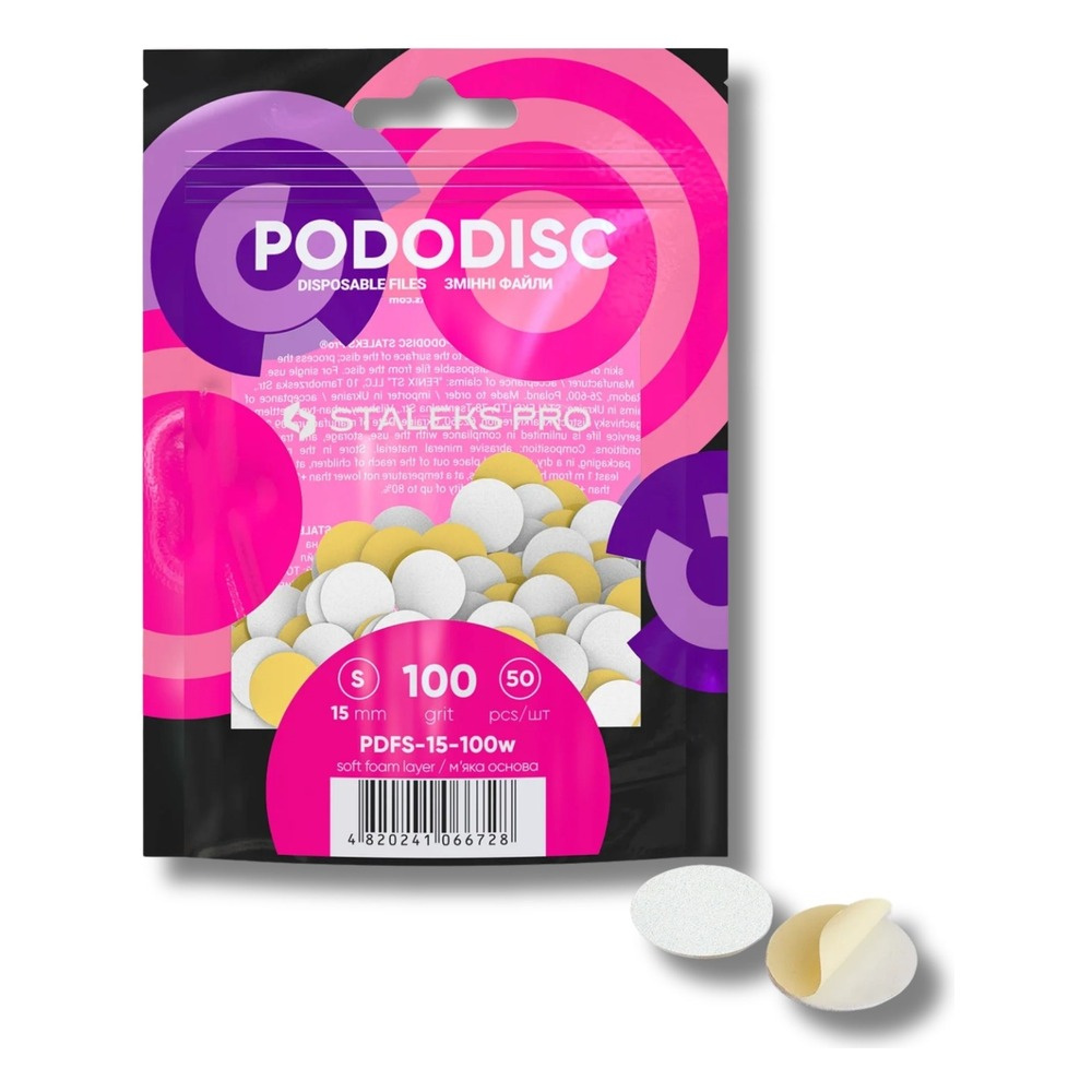 Staleks Pro Expert Pododisc Disposable Pedicure White Files Discs on Soft Foam Layer Size S 15mm Grit 100 50pcs