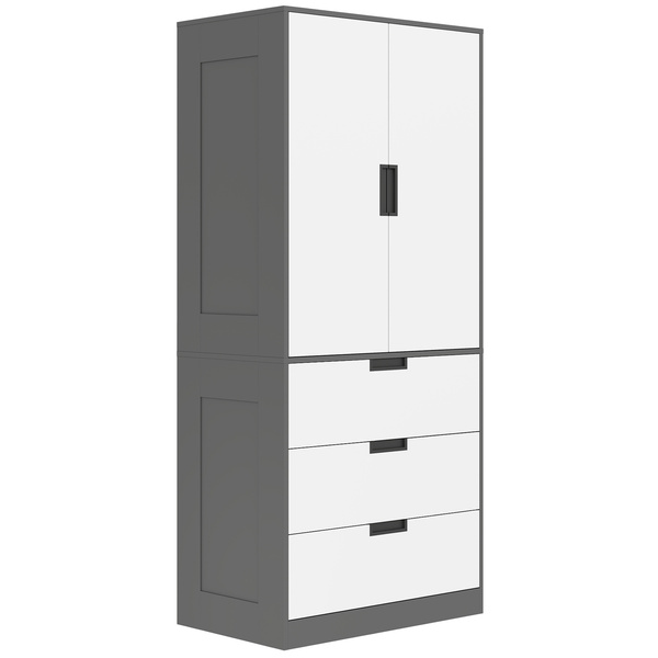 HOMCOM 2 Door Wardrobe, Modern Wardrobe with 3 Drawers and Hanging Rod for Bedroom, Grey
