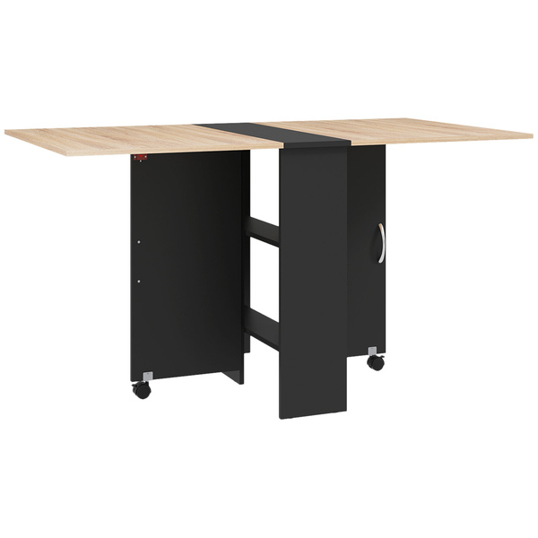 HOMCOM 80-140 cm Folding Dining Table for 4-6 People, Drop Leaf Table with 2-Tier Shelves, Rolling Casters, for Small Spaces, Kitchen, Flat, Dining Room, Oak and Black