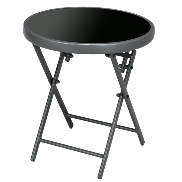 Outsunny Φ45cm Garden Side Table, Outdoor Round Folding Patio Table with Imitation Marble Glass Top, Small Coffee Table, Black