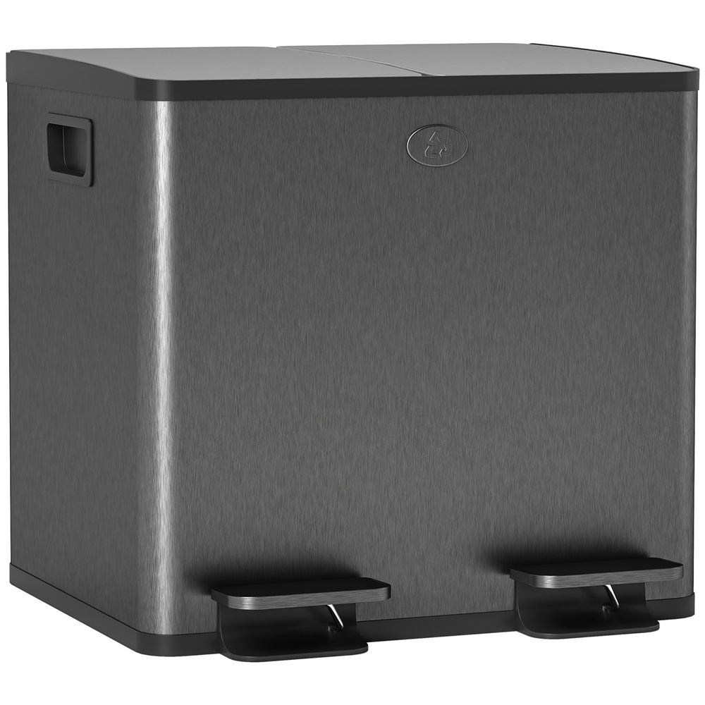 HOMCOM 30L Dual Compartment Stainless Steel Bin, with Deodoriser Holders - Black