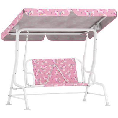 AIYAPLAY Kids Porch Swing, 2-Seater Patio Swing Bench Hammock with Seat Belts, Adjustable Canopy for Garden, Pink