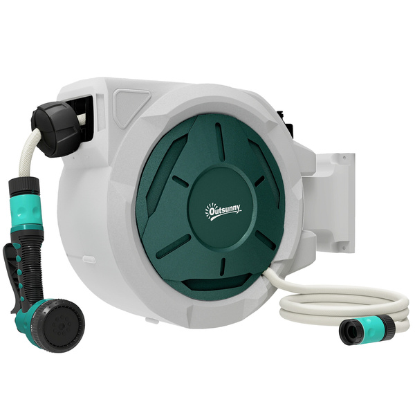 Outsunny Retractable Hose Reel Wall Mounted, 30+2m Garden Hose Pipe Reel with Lock, Auto Rewind, 7 in 1 Spray Nozzle, Includes Wall Fixings, 180° Swivel, Outdoor Watering, 59 x 23 x 42 cm, Grey