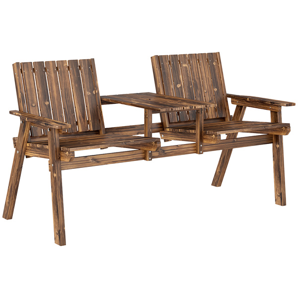 Outsunny 2-Seater Garden Loveseat with Table and Parasol Hole for Porch, Patio, Carbonised Finish