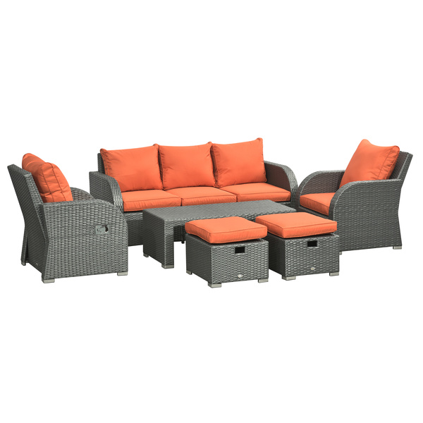 Outsunny Six-piece Outdoor Rattan Dining Set, Outdoor Sofa Set with Reclining Armchairs and Mental Frame, Orange