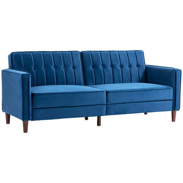 HOMCOM Velvet-Feel Three-Seater Sofa Bed with Adjustable Split Back - Blue