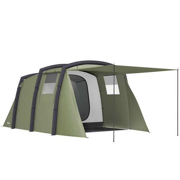 Outsunny Inflatable 3-4 Man Tunnel Tent w/ Air Pump, Living Area & Vestibule, Waterproof Family Camping Air Tent w/ Sewn In Groundsheet & Removable Footprint for Camping, Hiking, Olive Green