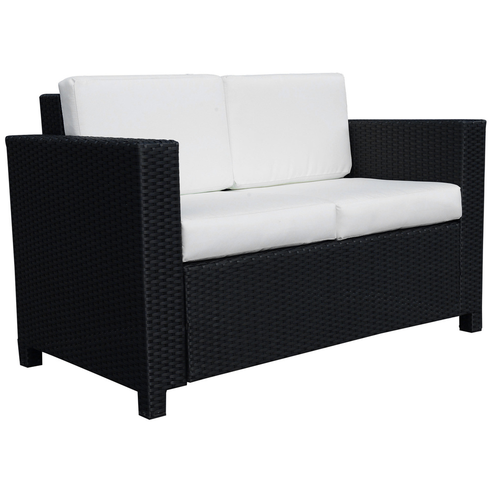 Outsunny Rattan Sofa, 2 Seater Garden Furniture with Soft Padded Cushion and Armrests, Wicker Garden Loveseat for Patio, Black