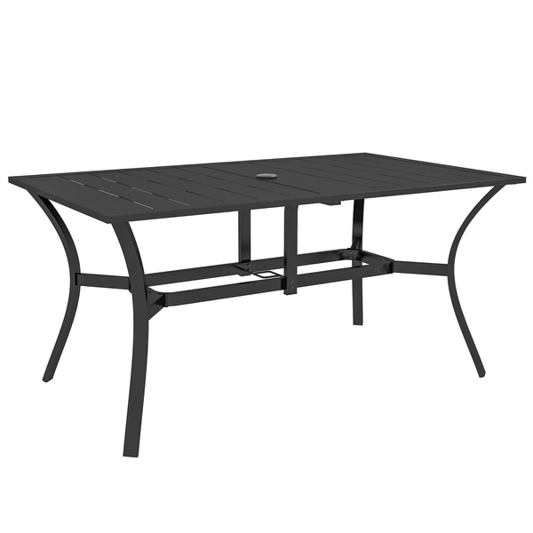 Outsunny Rectangle Garden Dining Table with Parasol Hole, Patio Table with Steel Frame and Slat Tabletop, 150cm x 90cm, Black