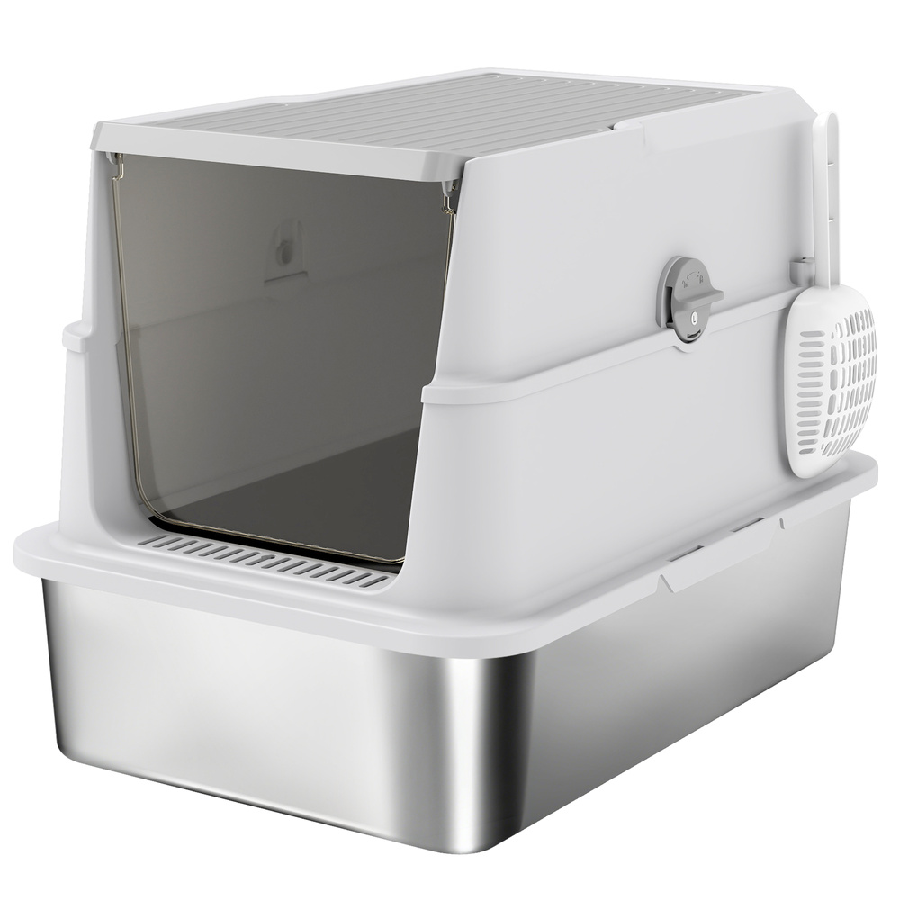 PawHut Extra Large Stainless Steel, Cat Litter Tray with Scoop, Flip Top