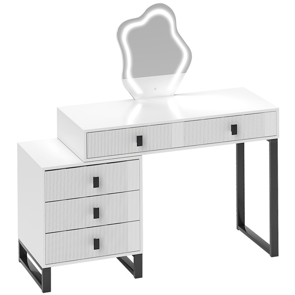 HOMCOM Dressing Table, Vanity Desk with Leaf Shape Mirror, Makeup Table with 5 Drawers, 3-Colour LED Lights, 100x40cm Tabletop, White