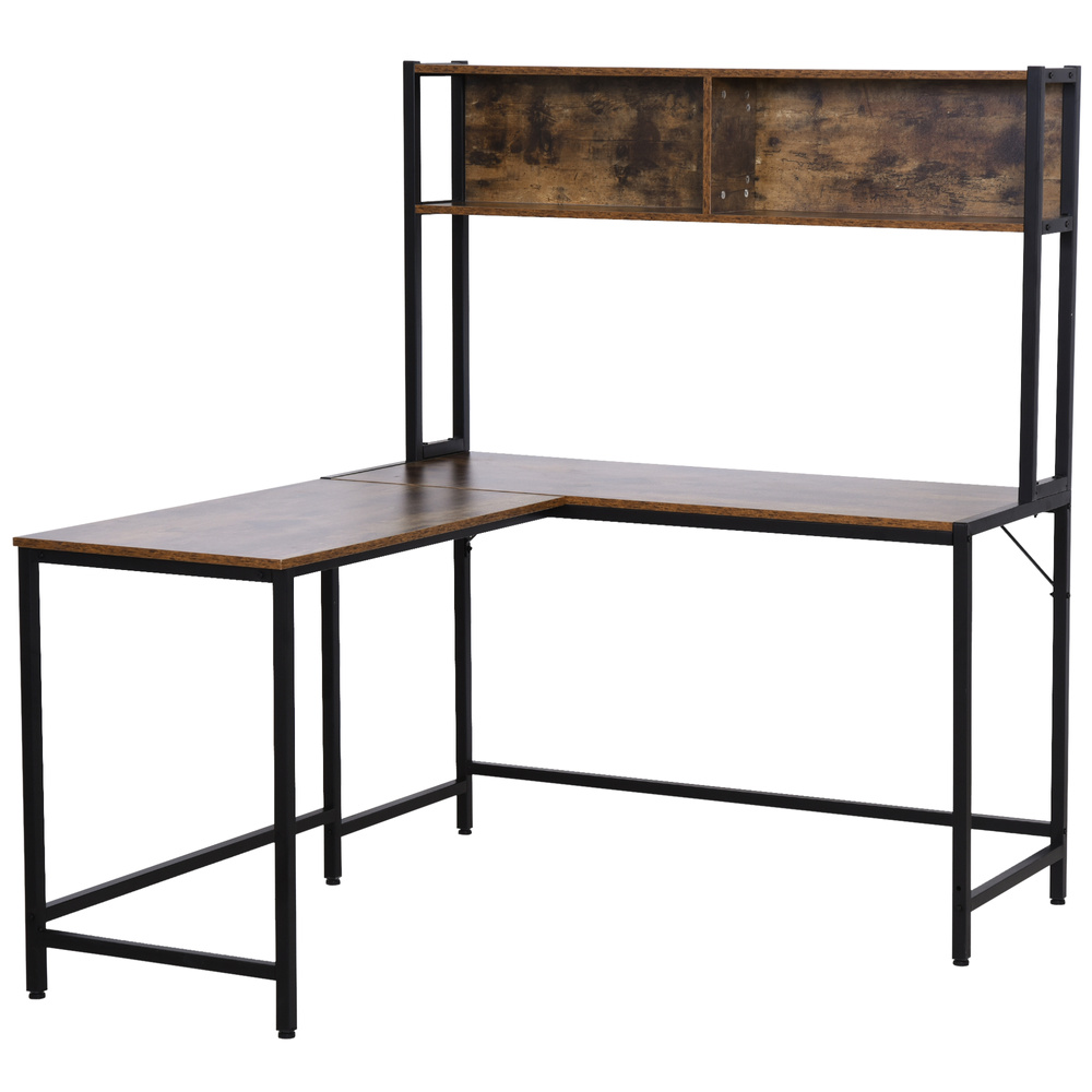 HOMCOM L Shaped Desk with Book Shelf, Industrial Corner Computer Desk, Writing Table with Steel Frame for Home Office, Bedroom, Study Room, 140 x 125cm, Brown
