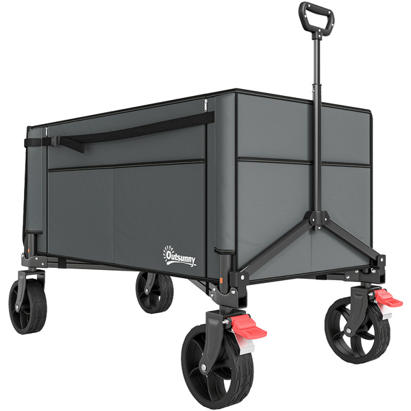 Outsunny Festival Trolley on Wheels, 150L Folding Camping Trolley Cart with Openable Sides, Adjustable Handle and Brakes for Shopping Beach Garden Fishing, Grey