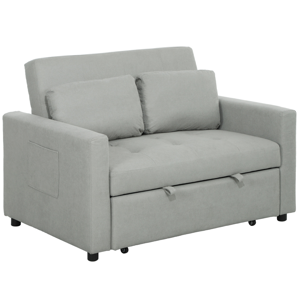 HOMCOM Loveseat Sofa Bed, Convertible Bed Settee with 2 Pillows, Side Pockets, Light Grey