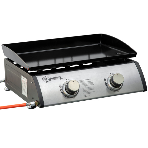 Outsunny Gas Plancha Barbecue Grill with 2 Stainless Steel Burner, 6kW, Portable Tabletop Gas BBQ with Non-Stick Griddle for Camping Picnic Garden Party Festival