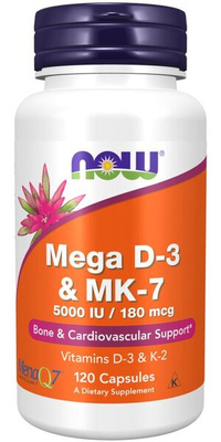 NOW Foods Mega D-3 and MK-7 For Healthy Bones and Cardiovascular System 120 Capsules