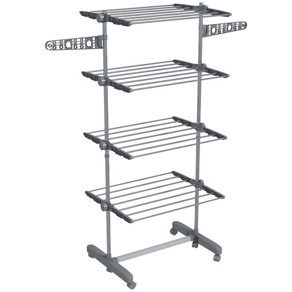 HOMCOM Four-Shelf Collapsing Clothes Horse, With Side Arms and Wheels - Grey