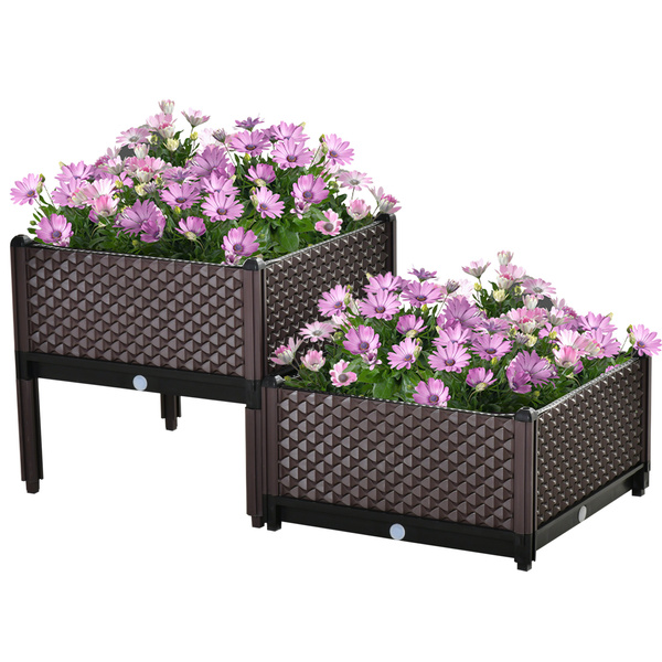Outsunny 50cm x 50cm x 46.5cm Set of 2 41L Plastic Raised Garden Bed, Planter Box, Flower Vegetables Planting Container with Self-Watering Design and Drainage Holes for Patio Balcony