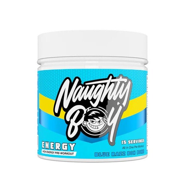 Naughty Boy Energy Pre-Workout Powder Blue Razz Bon Bons For Pump and Focus 195g