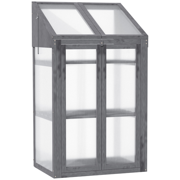 Outsunny Wooden Cold Frame Polycarbonate Greenhouse with Openable Top Cover and Double Door, Grow House for Flower, Vegetable and Plants, 70 x 50 x 120cm, Grey
