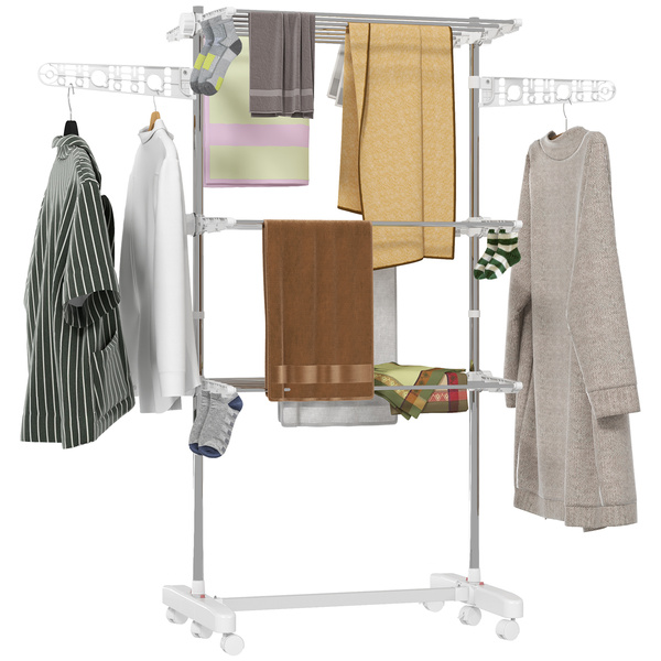 HOMCOM 3-Tier Clothes Airer, Stainless Steel Foldable Clothes Drying Rack with Wheels and Wings, Indoor and Outdoor, Easy Assembly, 142 x 55 x 152cm, White