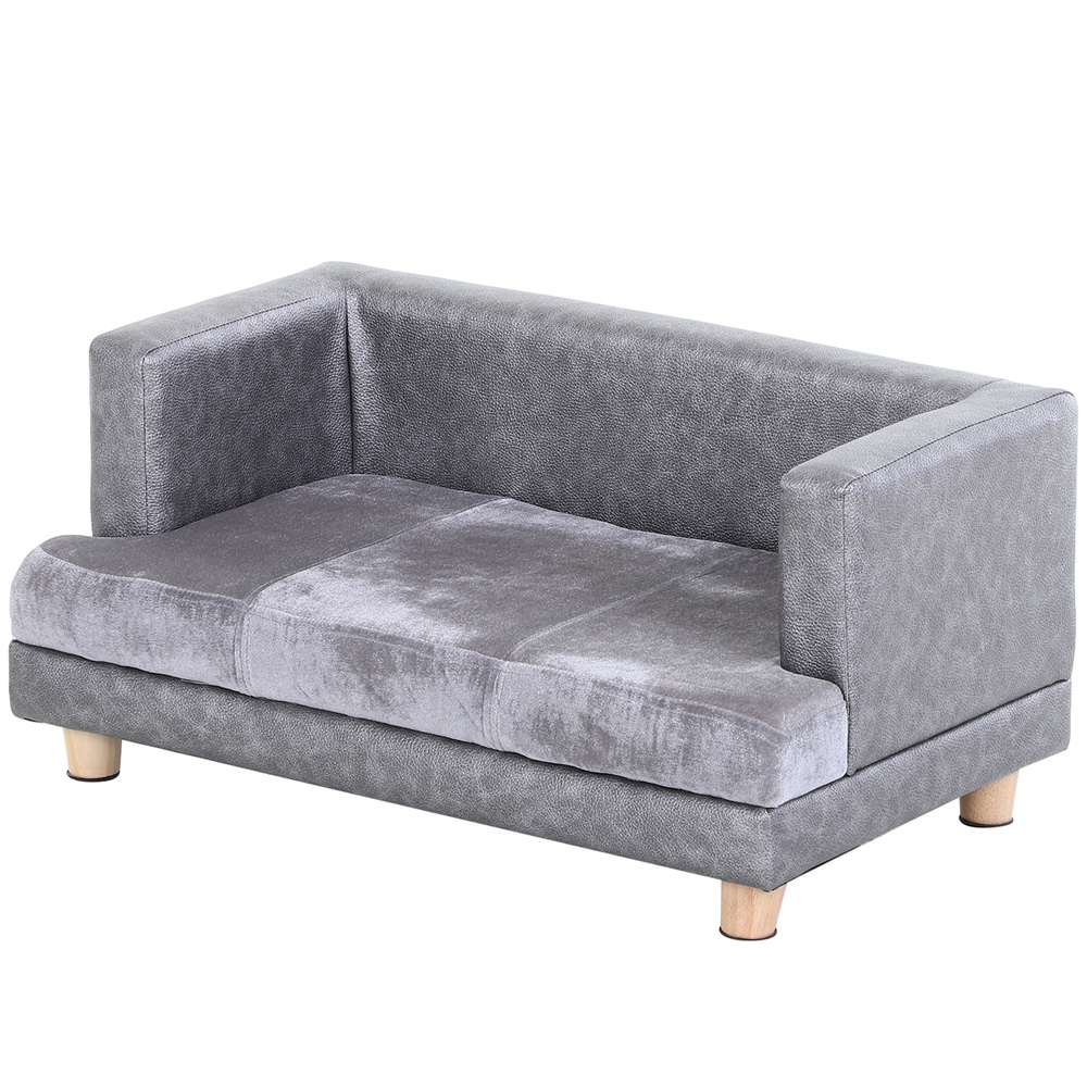 PawHut Dog Sofa Bed for Small-Sized Dogs, Elevated Pet Chair with PU Cover, Soft Cushion, Cat Couch Lounger with Anti-slip Legs - Grey
