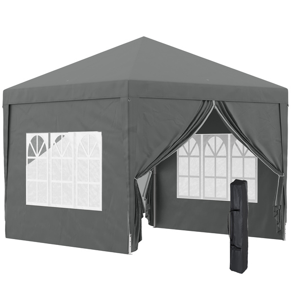 Outsunny 3 x 3 m Garden Pop Up Gazebo, Wedding Party Tent Marquee, Water Resistant Awning Canopy with Sidewalls, Windows, Carry Bag, Grey