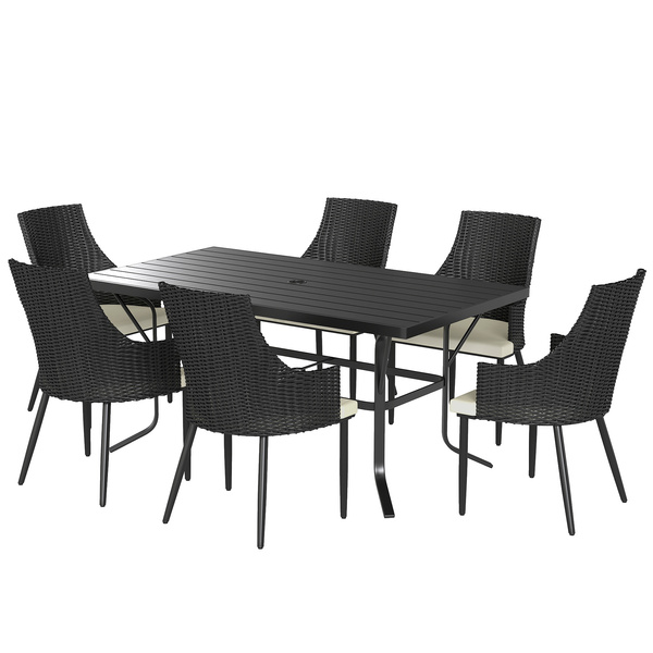 Outsunny 6 Seater Rattan Dining Set with Cushions, Garden Furniture Set with Armchairs, Rectangle Slatted Table Top, Steel Frame, Parasol Hole, Wicker Outdoor Furniture for Patio, Balcony, Cream White