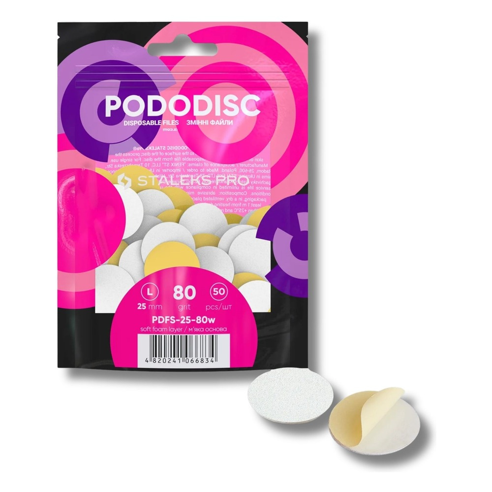 Staleks Pro Expert Pododisc Disposable Pedicure White Files Discs on Soft Foam Layer Size L 25mm Grit 80 50pcs