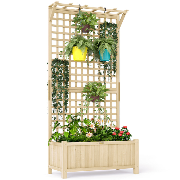 Outsunny Raised Bed with Drainage Holes, Wood Planter with Trellis for Climbing Plants to Grow Vegetables, Flowers, Natural