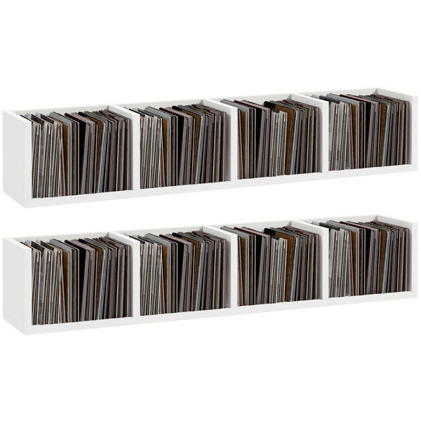 HOMCOM Wall Mount 84 CD / 56 DVD/Blu-ray/ Media Storage Rack 4 Cubes, Wooden Shelf Organiser Unit Bookcase Display, Set of 2, White