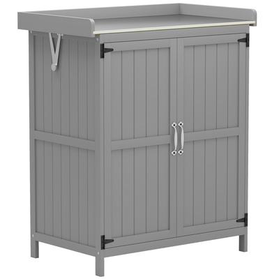 Outsunny Wooden Garden Shed, Garden Tool Storage Shed with Hinged Roof and Shelf, Outdoor Storage Cabinet with Double Doors, Grey