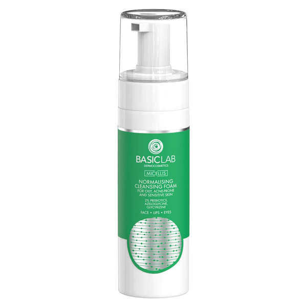 BasicLab Micellis Normalizing Cleansing Foam 2% Prebiotics Azeloglycine Glycyrrhizin for Oily Acne and Sensitive Skin 150ml