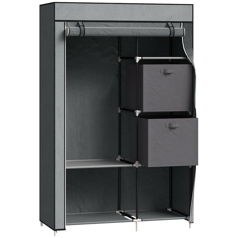 HOMCOM Fabric Wardrobe, Portable Wardrobe, Clothes Storage Unit with 5 Compartments, Hanging Rail and 2 Fabric Drawers, 102 x 42.5 x 162.5cm, Dark Grey