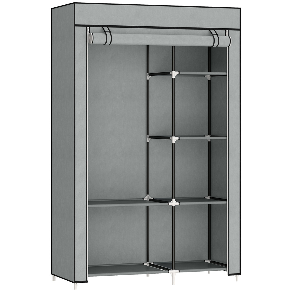 HOMCOM Fabric Wardrobe, Portable Wardrobe with 6 Shelves, 1 Hanging Rail, Foldable Closets, 103 x 43 x 162.5 cm, Light Grey