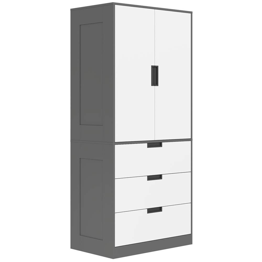 HOMCOM 2 Door Wardrobe, Modern Wardrobe with 3 Drawers and Hanging Rod for Bedroom, Grey