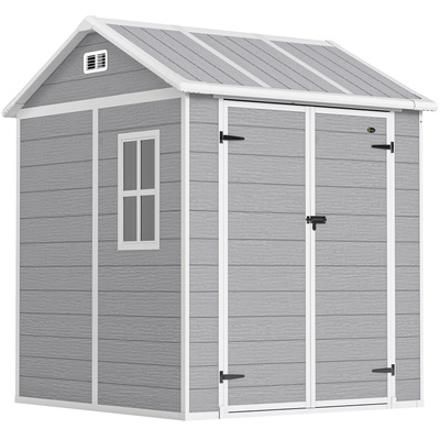 Outsunny 6 x 6ft Garden Shed with Floor, Window, Lockable Doors and Vents, Wood Effect Resin Tool Shed for Outdoor Patio, Grey