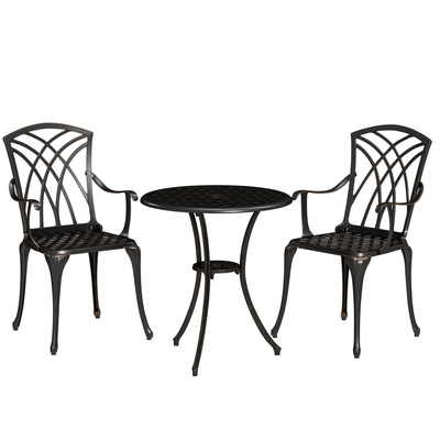 Outsunny 3 Pieces Garden Dining Set for 2, Cast Aluminium Outdoor Dining Set with 2 Armchairs and Round Dining Table with Parasol Hole, Garden Furniture Set, Bronze Tone